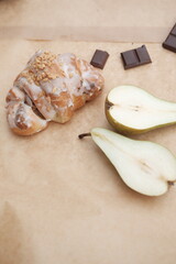 Food is on the table. Sweets and bread products
