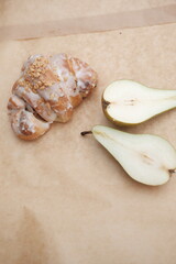 Food is on the table. Sweets and bread products