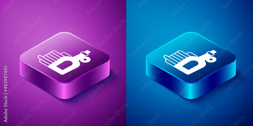 Poster isometric bottle of maple syrup with stack of pancakes icon isolated on blue and purple background. 