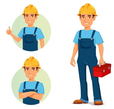 Funny cartoon repairman or construction worker with safety hat