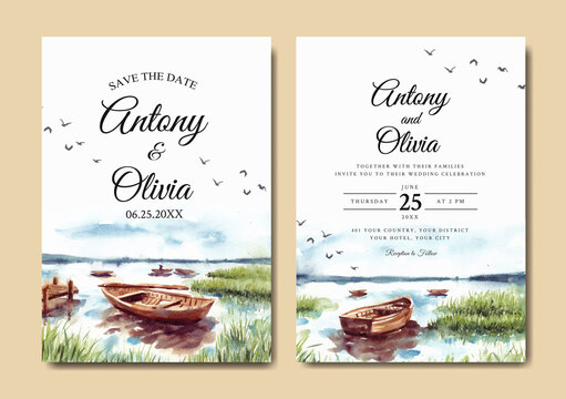 Watercolor wedding invitation of nature landscape with boat on lake