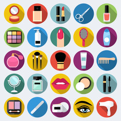 Set of cosmetics, beauty and makeup icons in flat design
