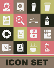Set Electric coffee grinder, Chocolate bar, Bottle with milk, Milkshake, Selection beans, Newspaper and, Location cup and Cigarette icon. Vector