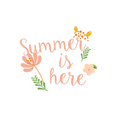 summer is here typography vector with flowers