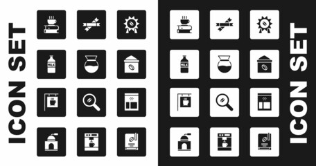 Set Medal for coffee, Pour over maker, Bottle with milk, Coffee cup and book, Bag beans, Sugar stick packets, and Street signboard icon. Vector