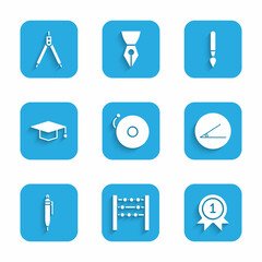 Set Ringing alarm bell, Abacus, Medal, Acute angle, Pen, Graduation cap, Paint brush and Drawing compass icon. Vector