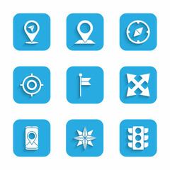 Set Location marker, Wind rose, Traffic light, Road traffic sign, City map navigation, Target sport, Compass and icon. Vector