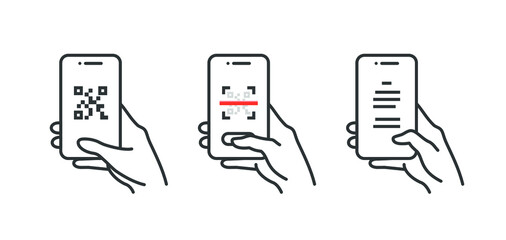 QR code scanning process. Code and text on the screen. Hand holding a smartphone. Isolated vector line icons on white background.