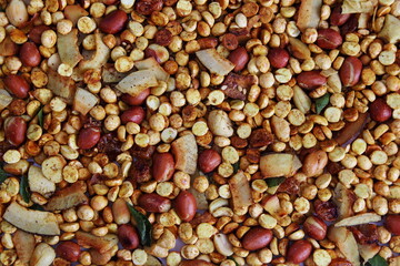 indian gujarati traditional dal mix bhel chivda chavanu snack as food background