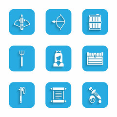 Set Princess, Decree, parchment, scroll, Sword with blood, Antique treasure chest, Medieval axe, Garden pitchfork, Wooden barrel and Battle crossbow arrow icon. Vector