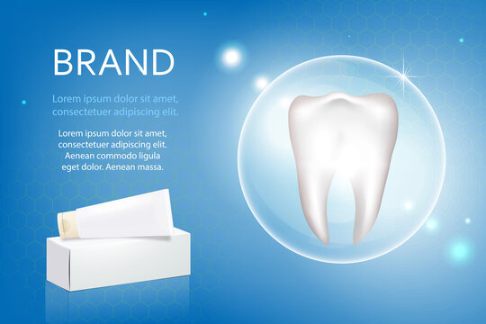 Vector, 3D advertising of whitening toothpaste. A graphic concept for your design. Layout template, tube with packaging.