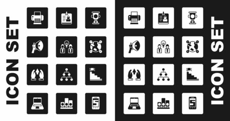 Set Award cup, People with lamp bulb, Megaphone, Printer, Location the globe, Identification badge, Stair finish flag and Growth chart and progress icon. Vector