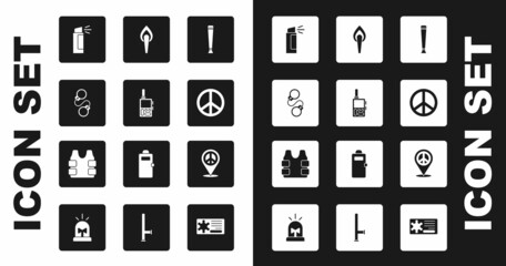 Set Police rubber baton, Walkie talkie, Handcuffs, Pepper spray, Peace, Torch flame, Location peace and Bulletproof vest icon. Vector