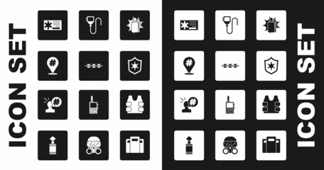 Set Hand grenade, Barbed wire, Protest, Police badge, Walkie talkie, Bulletproof vest and icon. Vector