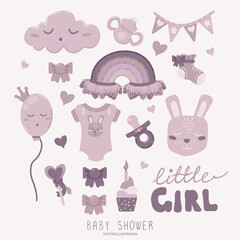 Collection of cute clipart elements for girl baby shower and gender party. Objects in trendy doodle and cartoon styles. Pastel pink colours. Vector illustration for decoration, poster, greeting card, 