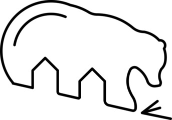 a bear sliding down the hill. Two mountain houses between her legs