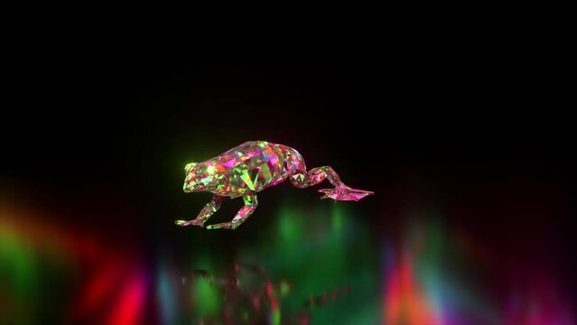  The diamond frog jumps and transforms in flight. Transformation. Green red color. 3d animation of a seamless loop