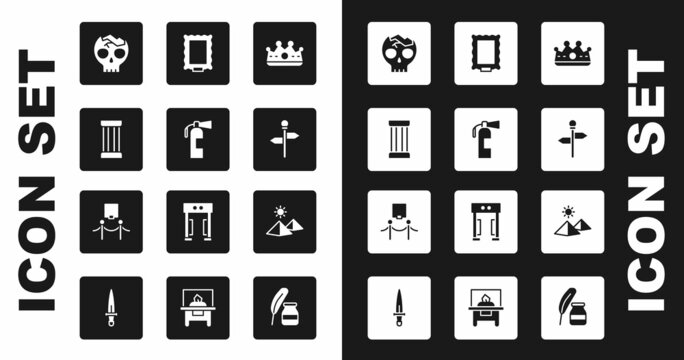 Set King crown, Fire extinguisher, Ancient column, Broken human skull, Road traffic signpost, Picture, Egypt pyramids and and rope barrier icon. Vector