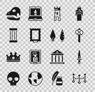 Set Rope barrier, Dagger, Stone age hammer, Castle tower, Picture, Ancient column, Dinosaur skull and arrow head icon. Vector