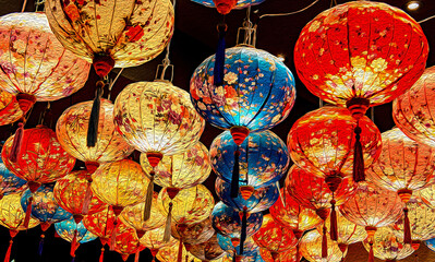 Oil paint of traditional Chinese lanterns at night market. Chinese new year lanterns for decoration design, wallpaper or background.