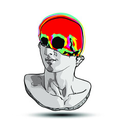 Vector hand drawn illustration of classical sculpture fragment of colossal head with colorful channel offset red skull coming from the broken side. Isolated on white background.