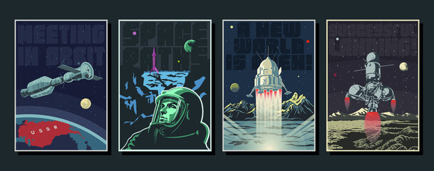 Retro Space Posters, Mid Century Modern Retro Futurism Style Illustrations, Spaceships, Orbital station, Lander, Astronaut and Planets - obrazy, fototapety, plakaty