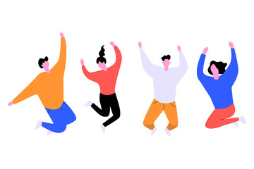 Jumping young guys, joy, fun, boys and girls dancing, hands up, happiness. Flat colorful illustration