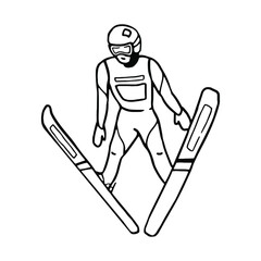 Ski jumper sportsmen in doodle style. Hand drawn illustration.