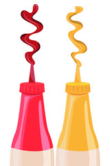 The illustration shows two bottles with ketchup and mustard, vector. Squeeze out the sauce