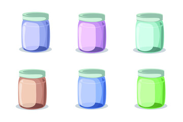 Collection of colorful glass storage jars with airtight aluminum lids, vector mockup set, realistic illustration, empty food containers