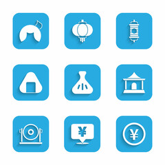 Set Dumpling, Chinese Yuan currency, house, Gong, Sushi, paper lantern and fortune cookie icon. Vector