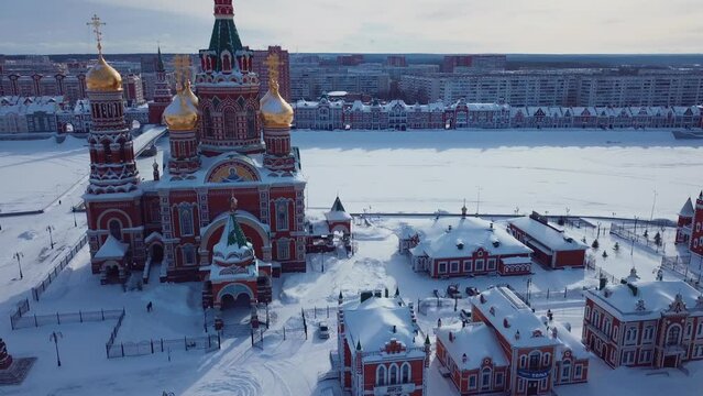 4K Aerial view of the sights of Yoshkar Ola, Winter Russia