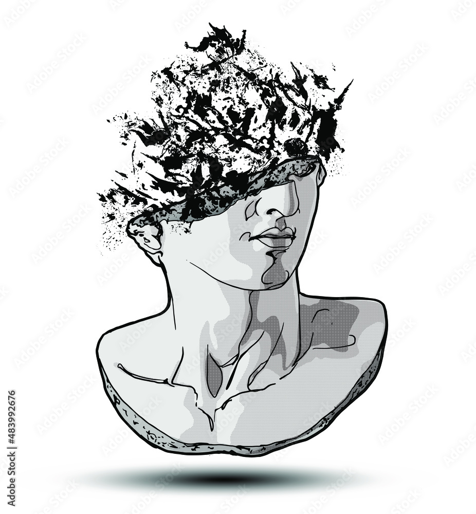 Aufkleber vector hand drawn illustration of classical sculpture fragment of colossal head with abstract ink bl