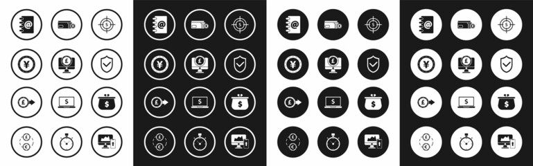 Set Target with dollar symbol, Computer monitor pound sterling, Coin money Yen, Address book, Shield check mark, Envelope coin, Wallet and icon. Vector