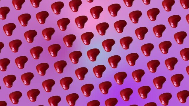 A nice colorful  3 in 1 animation: a different sides and size animations for 10 sec pattern made of Valentines red hearts Shape, on trending purple multi colored animated background. not loopable. H
