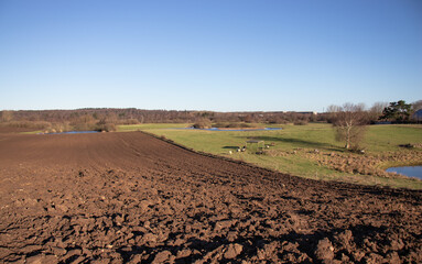 Spring rural landscape. Freshly plowed land. Arable land. Sowing work on the farm.