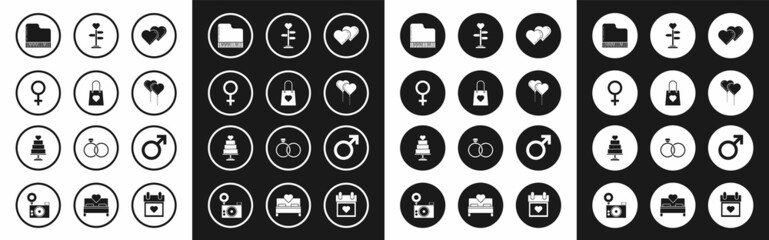 Fototapeta premium Set Two Linked Hearts, Shopping bag with heart, Female gender symbol, Grand piano, Balloons form of ribbon, Signpost, Male and Wedding cake icon. Vector
