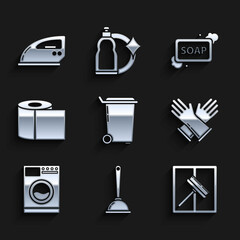 Set Trash can, Toilet plunger, Squeegee, scraper, wiper, Rubber gloves, Washer, paper roll, Bar of soap with foam and Electric iron icon. Vector