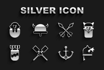 Set Oars or paddles boat, Viking head, horned helmet, Anchor, Quiver with arrows, Medieval, and icon. Vector