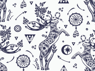 Seamless pattern. Deer with sprouted antlers. Black and white.