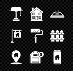 Set Table lamp, Home symbol, Swimming pool with ladder, Map pointer house, Warehouse dollar, Mobile phone smart home, Hanging sign text Sale and Paint roller brush icon. Vector