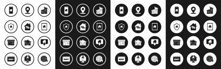 Set House, with percant discount tag, shield, Mobile phone smart home, Tablet and, Map pointer house, and Shopping building or market store icon. Vector