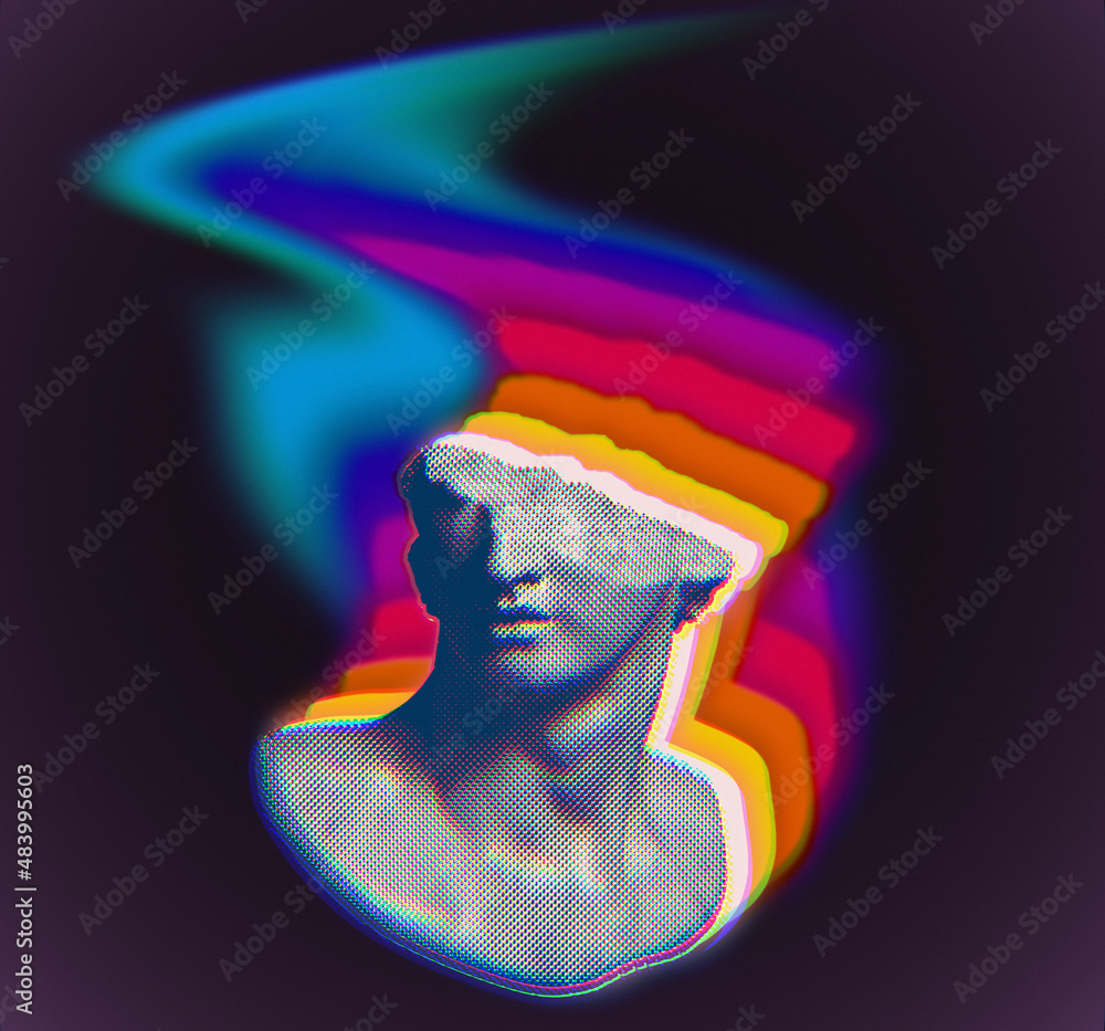 Aufkleber 3d rendering concept illustration of broken classical head sculpture in dot halftone style. colorful