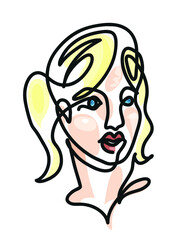One line drawing of woman face.

One continuous line drawing of blond young woman.