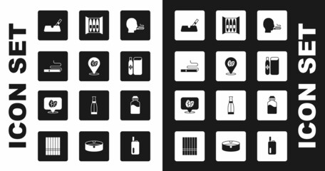 Set Man smoking a cigarette, Tobacco leaf, Cigarette, Ashtray with, Electronic, Vape liquid bottle and icon. Vector