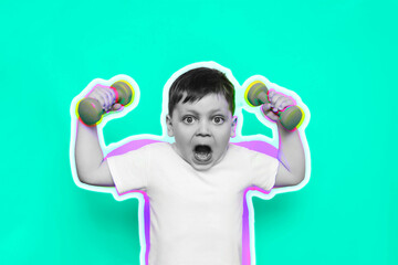 Fototapeta premium A little cute kid boy in a white t-shirt with an open mouth demonstrates his strength by raising his hands with dumbbells on bright color green background. Art collage in magazine style. Advertising