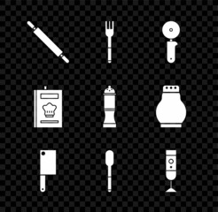 Set Rolling pin, Fork, Pizza knife, Meat chopper, Spoon, Blender, Cookbook and Pepper icon. Vector