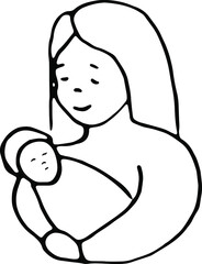 mom holding baby in her arms, vector, line art