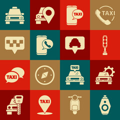 Set Car key with remote, service, Traffic light, Taxi call telephone, Map pointer taxi, car and icon. Vector