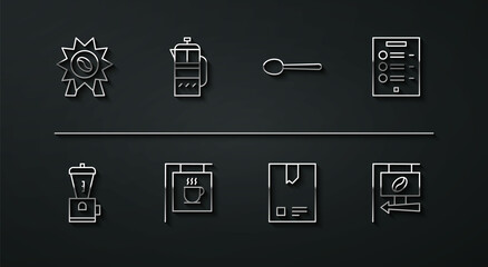 Set line Medal for coffee, Electric grinder, Coffee menu, Bag beans, Street signboard, French press, and Spoon icon. Vector